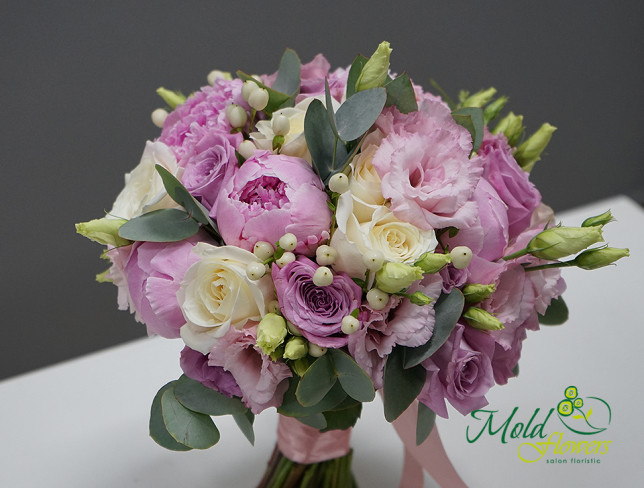 Bridal Bouquet with Pink Peonies, Eustoma, Hypericum, Roses, and Eucalyptus photo